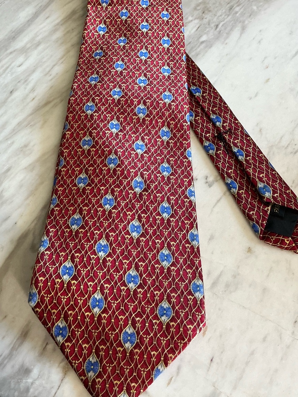 Faberge Red Silk Tie with Blue and Gold Medallions